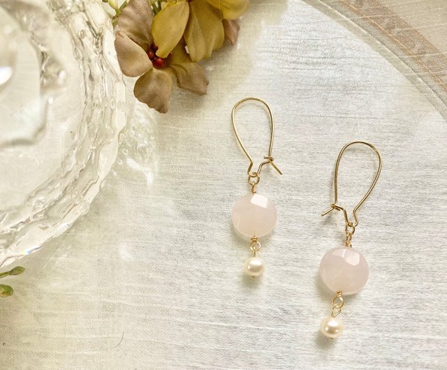 台湾 アマゾナイトピアス ローズクォーツピアス 天然A級淡水パール