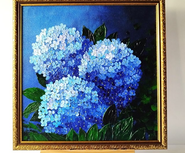 ロシア アジサイの絵 花束原画 青い花 油絵 壁飾り 藍染 Artpainting