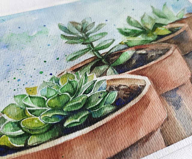 ロシア 多肉植物の絵画サボテンオリジナルアート水彩画花のアート