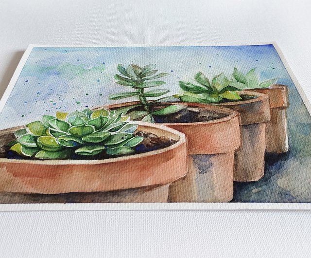 ロシア 多肉植物の絵画サボテンオリジナルアート水彩画花のアート