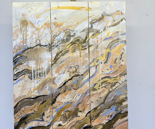 送料無料】スペイン 大きな抽象三連画アート 侘び寂びの絵画