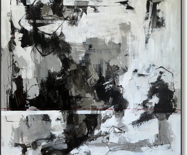 送料無料】スペイン キャンバスに描かれた、現代抽象画、白黒幾何学