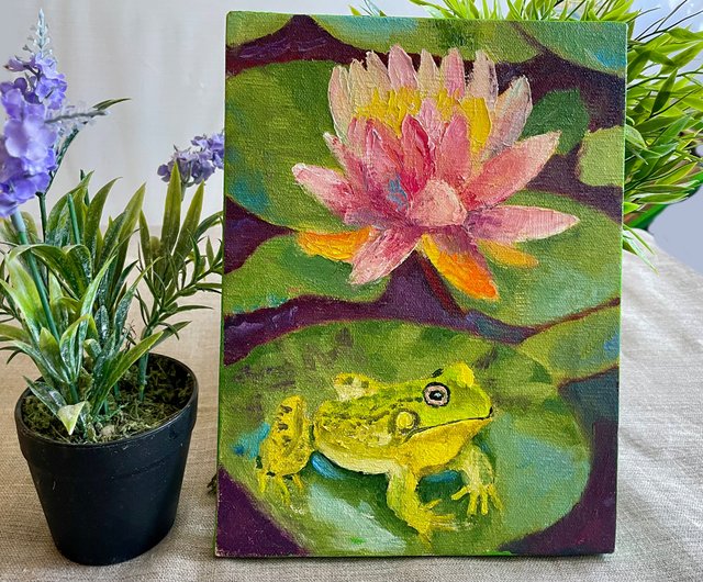 送料無料】ロシア 池の蓮のカエルの風景/キャンバス上のオリジナル油絵