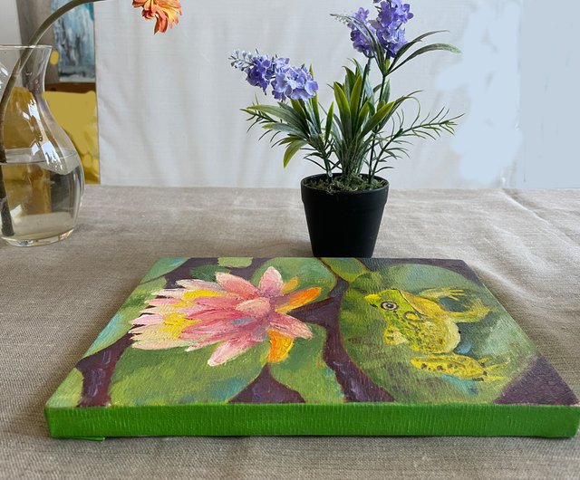 送料無料】ロシア 池の蓮のカエルの風景/キャンバス上のオリジナル油絵