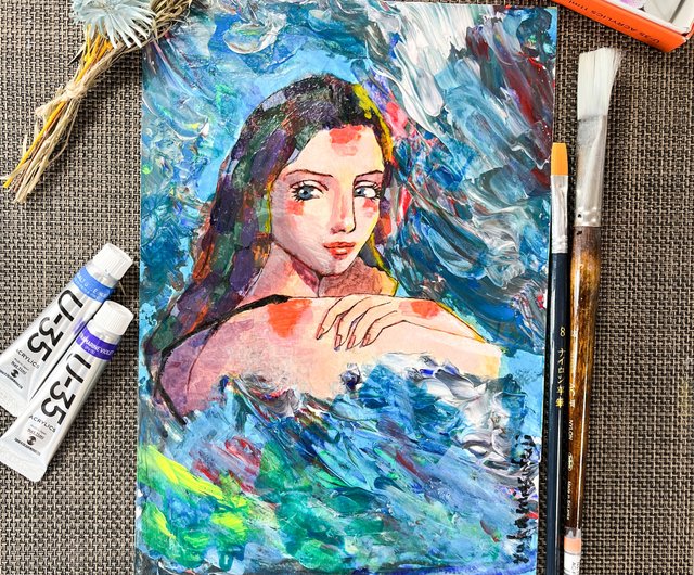 おしゃれなアクリル画 深海 美しい女性 B5サイズ アート オリジナル