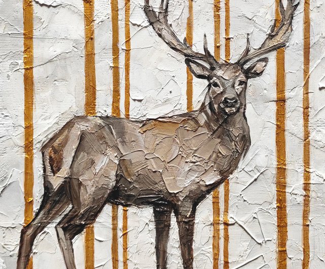 ロシア 森 / 鹿 / 鹿画 / 森の絵 / 黄金の森 / 手作り画 / 吊り絵