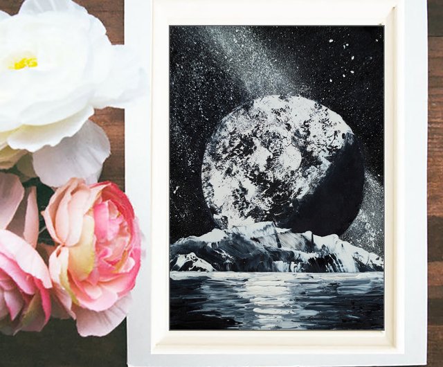 タイ 月 惑星 絵画 宇宙 オリジナルアート 湖 風景 夜 天の川 銀河