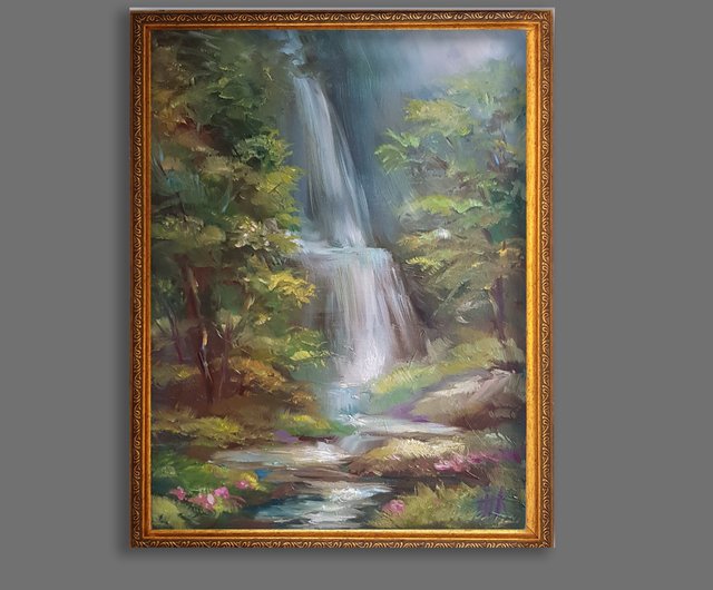 送料無料】ロシア 滝の絵 オリジナルアート 風景油絵 森のキャンバス