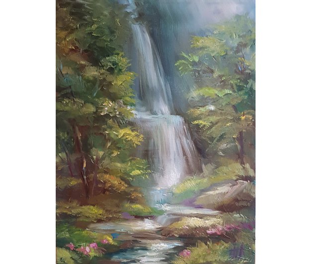送料無料】ロシア 滝の絵 オリジナルアート 風景油絵 森のキャンバス