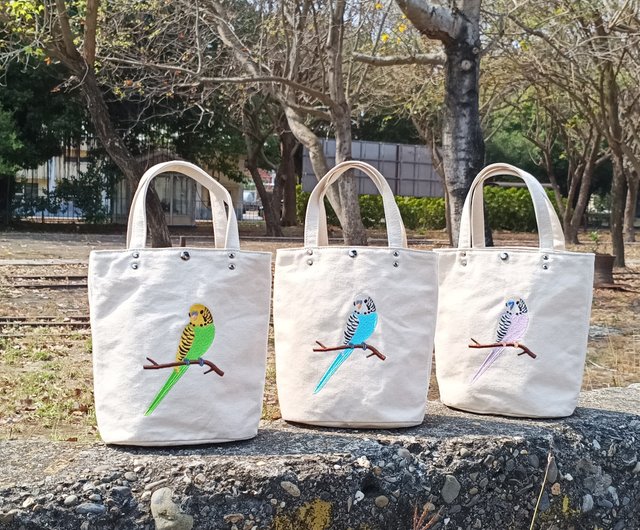 台湾 セキセイインコ 刺繍 ミニトートバッグ 生成りバッグ