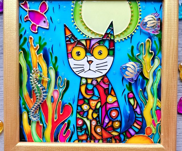 ベラルーシ ステンドグラス絵画漫画カラフルな猫キッズルームモダンな