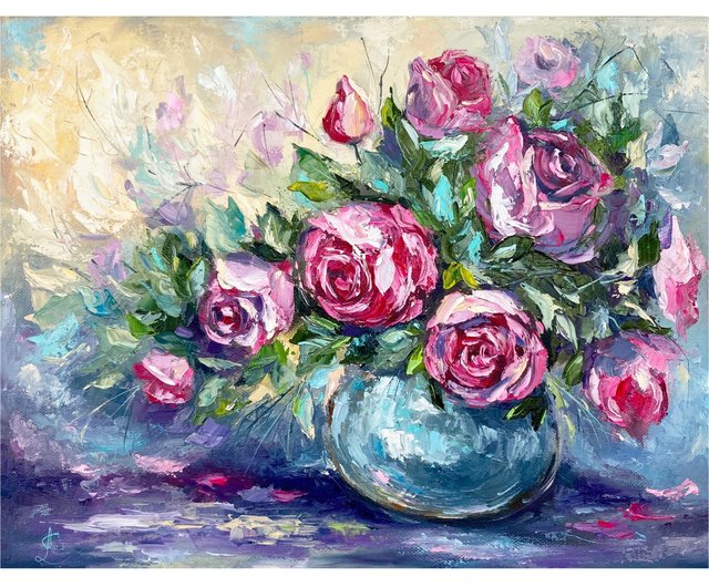 絵画 肉筆油絵 青木今陽 静物画 ピンクの薔薇 絵画 肉筆油絵 青木今陽