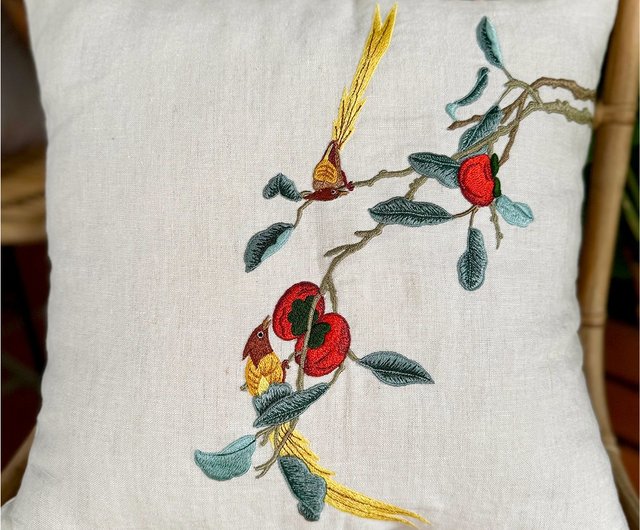 送料無料 20%OFF】ベトナム 手刺繍リネンクッションカバー：ボタニカル