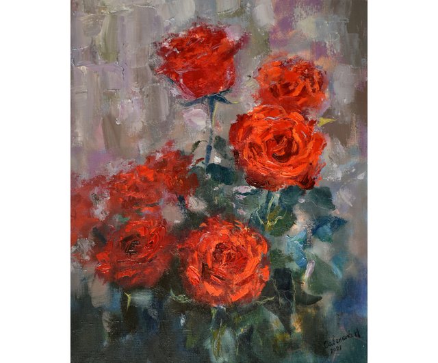 送料無料】ロシア バラの絵赤い花アートワーク花の帆布オリジナル