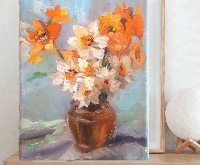 ロシア 水仙油絵オリジナルアート花キャンバスアートワーク春フラワー