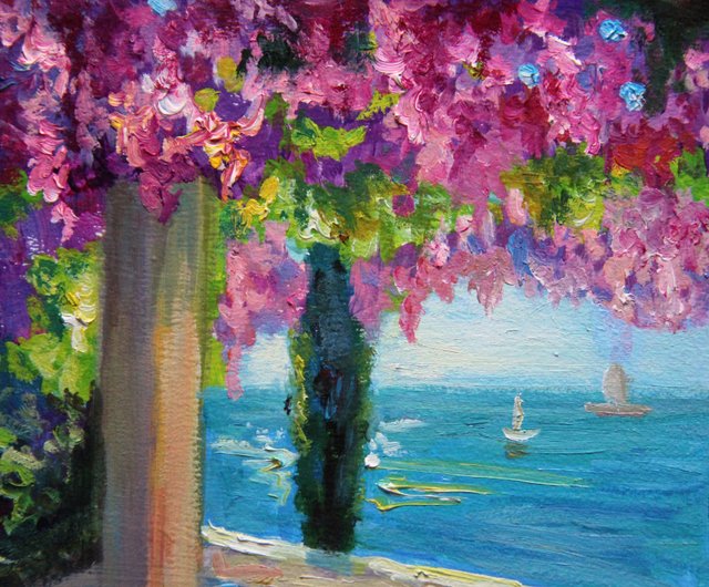 ロシア 咲く木々 絵画 海景 オリジナルアート 風景 風景画