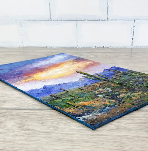 送料無料】ロシア 砂漠の風景画 原画 アクリル画 サボテンと夕焼け空の