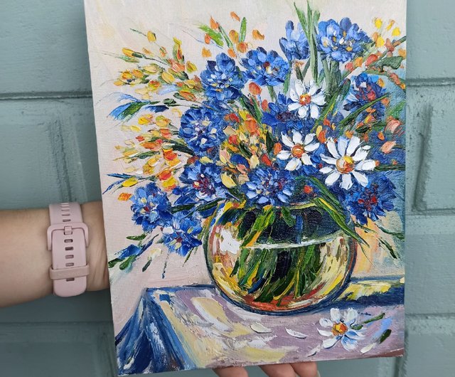 送料無料】ロシア デイジー油絵花瓶のヤグルマギクオリジナルアート