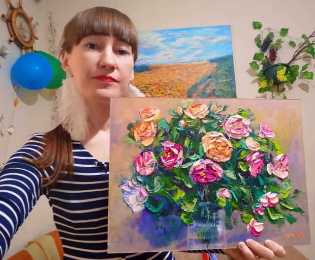 ロシア ピンクと黄色のバラの花の花束花瓶油絵厚塗りオリジナル