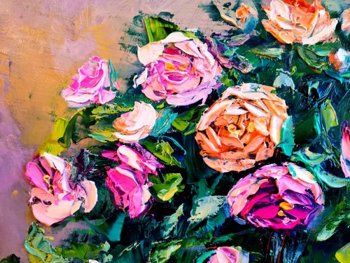 ロシア ピンクと黄色のバラの花の花束花瓶油絵厚塗りオリジナル