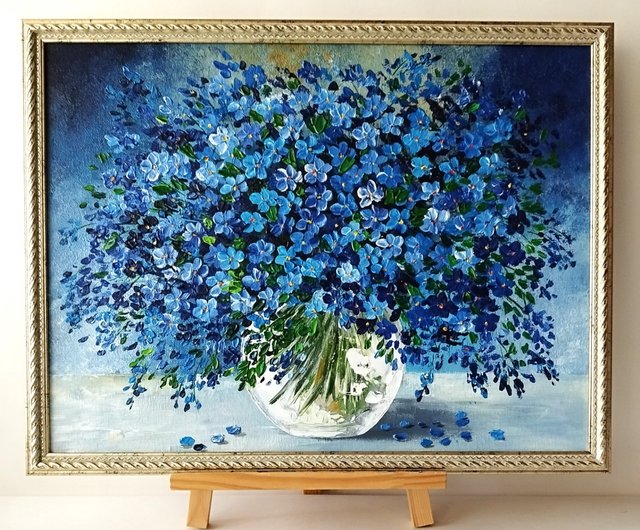 ロシア ワスレナグサの絵: 青い花のユニークな花束。アートワークの壁