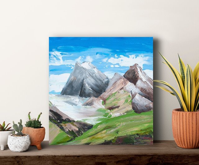 ベラルーシ 抽象的なオリジナルの山の絵画、青、緑、ブラウン、白の色