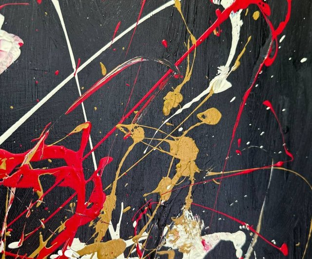 送料無料】スペイン 大きな抽象表現主義のドリップアート、黒地に赤と