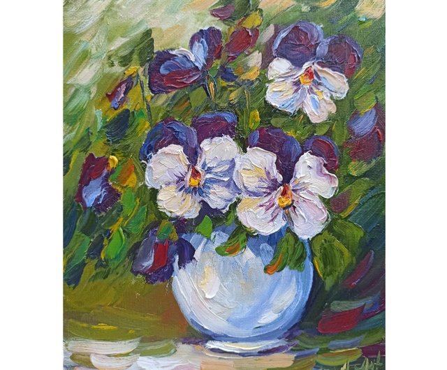 油彩画 花瓶の花 パンジー 油彩画 花瓶の花 パンジー 油彩画 花瓶の花