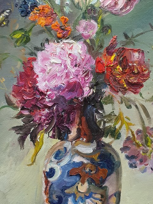 ベラルーシ 花瓶に入った美しい花の静物画油絵オリジナルアートワーク