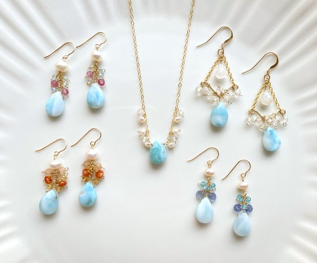 台湾 海の煌めき 14kgf ラリマー アクアマリン ピアス / イヤリング