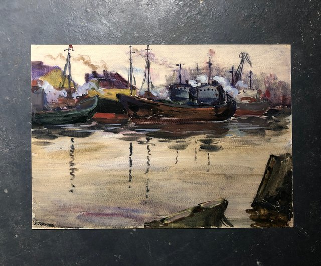 送料無料】ウクライナ 港の船 水彩画 壁アート ホームデコレーション