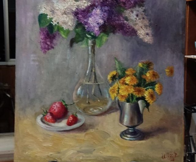 ロシア キャンバス絵画花ライラックオリジナルアート花瓶の花束花の