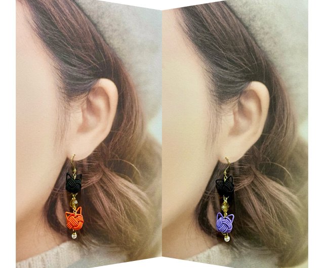 日本伝統】mizuhiki 猫ちゃんハロウィン ピアスorイヤリング *ご縁を