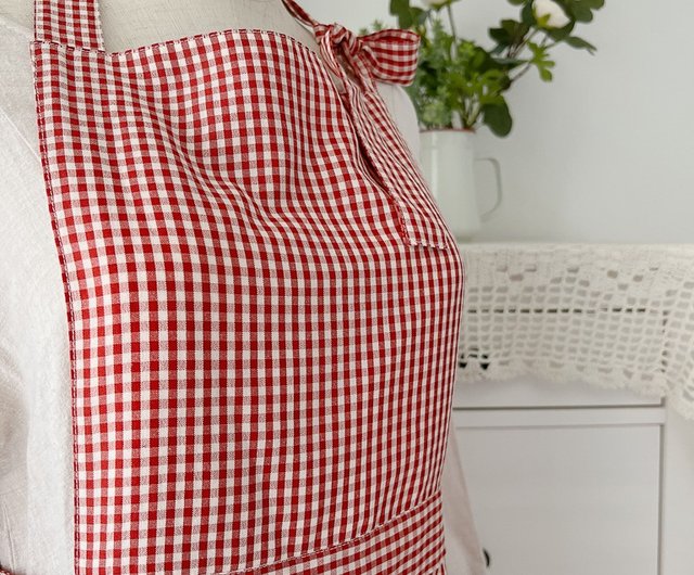 送料無料】台湾 フランスのレッドチェック柄レースエプロン |七戸