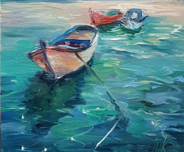 ロシア 船の絵 海 オリジナルアート 海景 油絵 漁船 ウォールアート