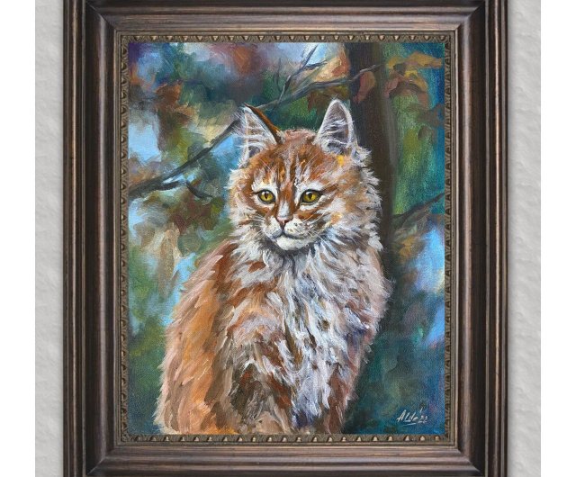 送料無料】ロシア 猫の絵 オリジナルアクリル画 動物の絵 オレンジ色の