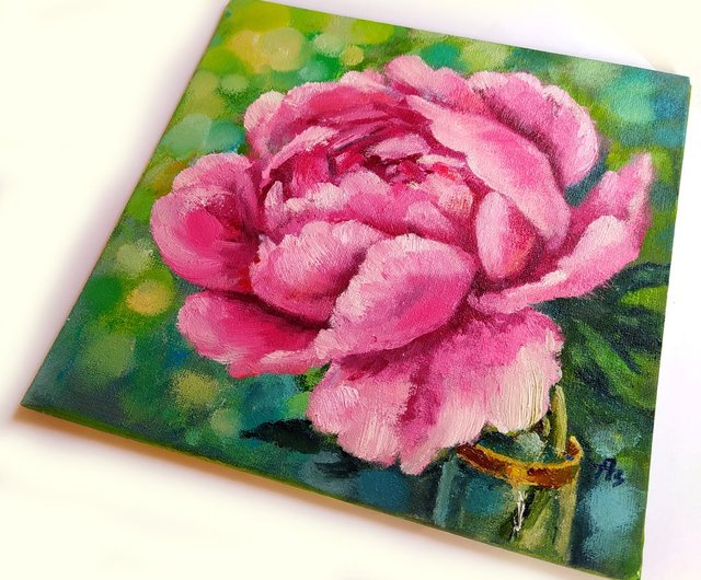 送料無料】ロシア ピンクの牡丹の絵の花 オリジナル油絵 花 20 x 20 cm