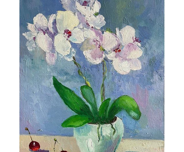 送料無料】ロシア 白蘭手描き油絵、胡蝶蘭の鉢植え、花の絵 タチアート