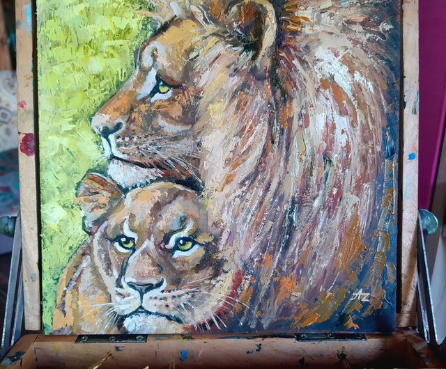 送料無料】ロシア ライオンズ絵画オリジナルアート ライオンと雌