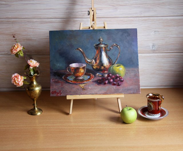 ロシア 静物画 オリジナルアート ティーポット カップ フルーツアート
