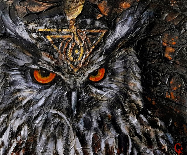 ウクライナ フクロウ絵画鳥油壁アートオリジナルマジックゴシック