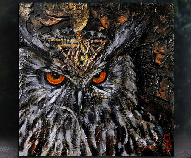 ウクライナ フクロウ絵画鳥油壁アートオリジナルマジックゴシック