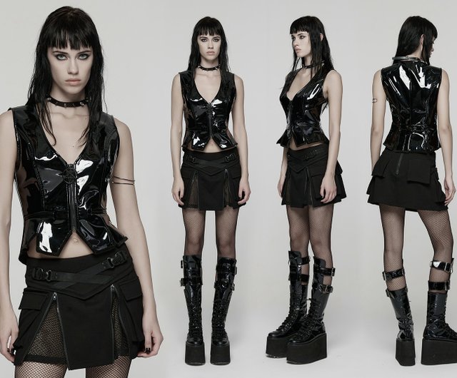 台湾 ゴシック黒魔術師魔除け光沢パテントレザーセットアップ