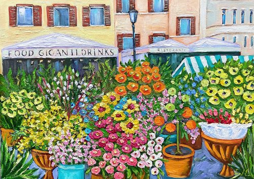 ロシア ローマの花市場、油絵、都市景観アート、イタリア絵画、花の
