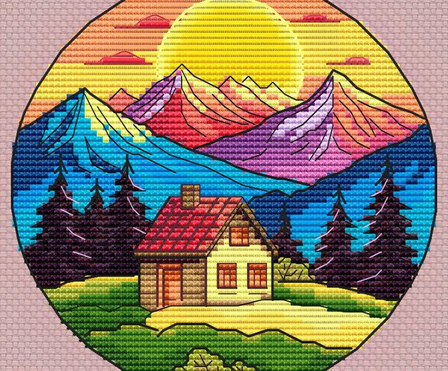 カナダ 【デジタル】カラフルな朝のクロスステッチパターン山の中の家