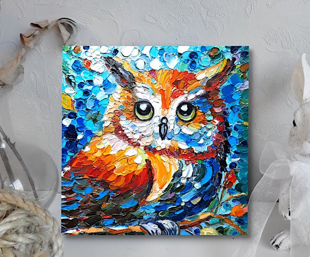 送料無料】ロシア フクロウアート鳥カラフル オリジナルアート 油絵