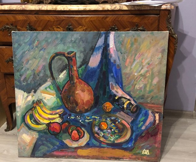 送料無料】ウクライナ 赤褐色の花瓶と果物を描いた静物画オリジナル