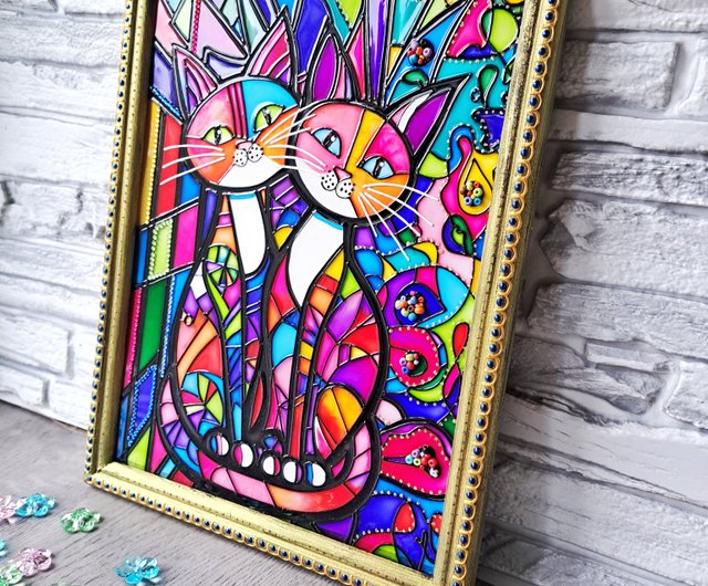 ベラルーシ ステンドグラス絵画ペアの猫ウェディングギフト幾何学的な