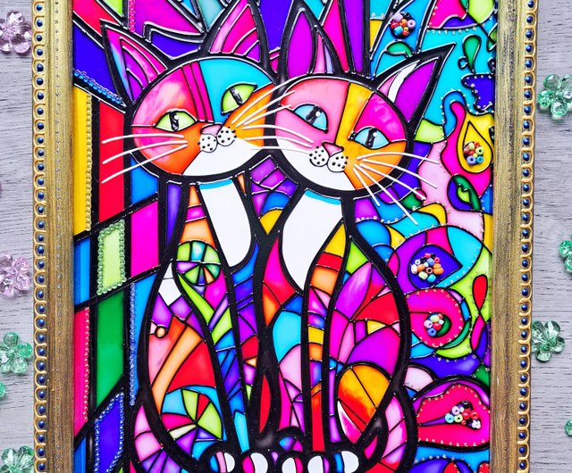ベラルーシ ステンドグラス絵画ペアの猫ウェディングギフト幾何学的な