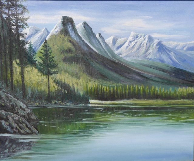 トルコ 湖と山のオリジナル油絵 16x20インチ 風景画 壁アート